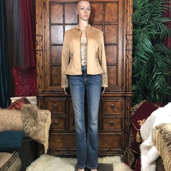 Curations Honey Beige Faux Suede Studded Zip Sleeve Jacket - Picture 5 of 16